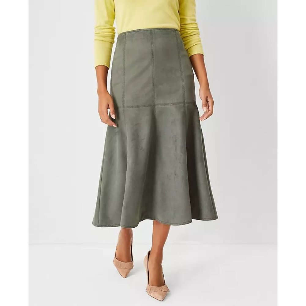 Elegant Olive Green Midi Flared Skirt